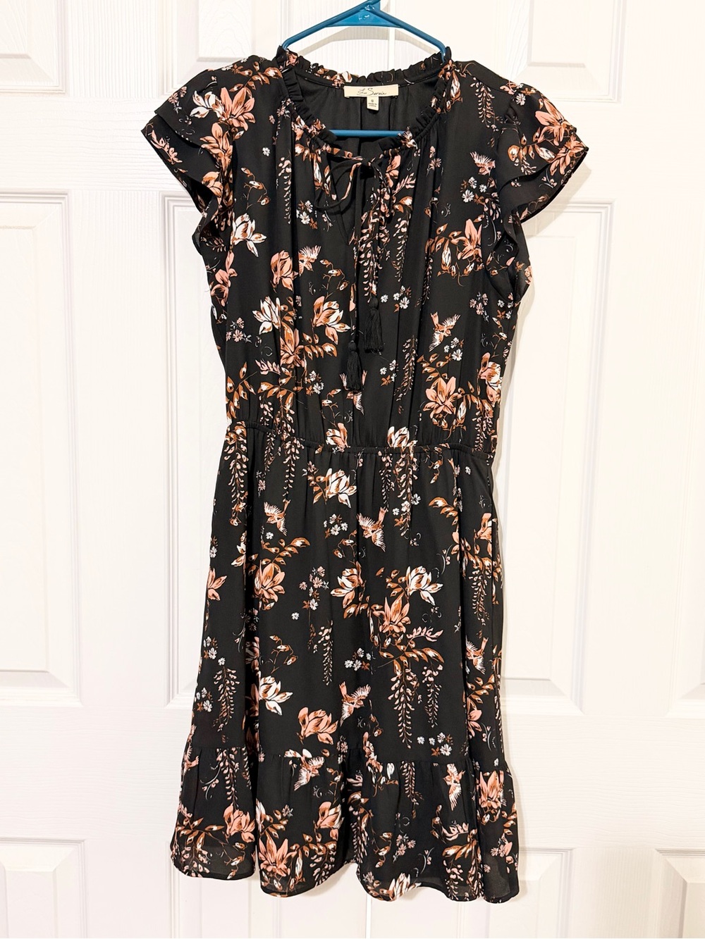 Floral Tie-Neck Midi Dress in Black and Peach
